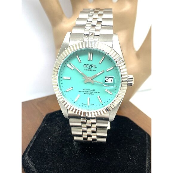 Gevril Mens Watch 48906 West Village Swiss Automatic Teal Dial Silver Steel 40mm